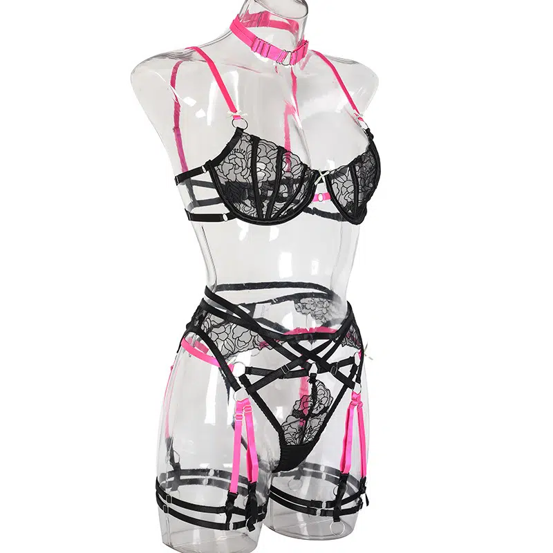 Sexy Tulle Bra Set with Embroidered Lace and Mini Bows Side View Ensemble soutien-gorge sexy en tulle avec dentelle brodée et mini nœuds Vue de côté