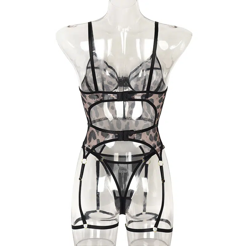 Conjunto de bustier sexy con estampado de leopardo de malla transparente Vista posterior