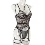 Conjunto de corpiño sexy con estampado de leopardo de malla transparente Vista lateral