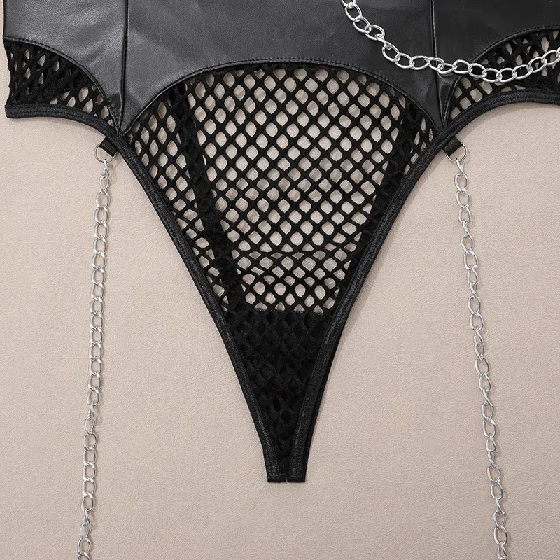 Chic kædehalshåndjern Sexet jumpsuit med åben ryg - Engros Lingeri skridtdetaljer