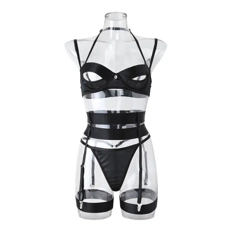 Elegant Black Bra and Panties Set with Chest Cutout - Ideal for B2B Lingerie Retailers Front View