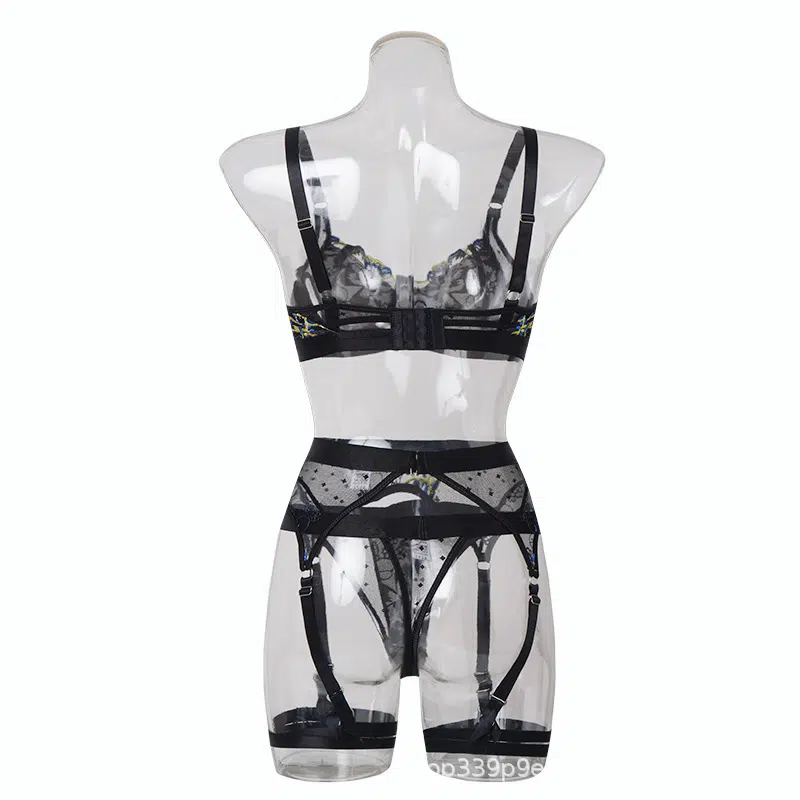 Floral Embroidered Bra & Garter Set with Cutout Cup Back Show