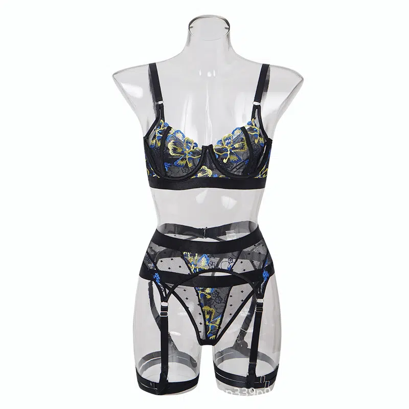 Floral Embroidered Bra & Garter Set with Cutout Cup Front Show