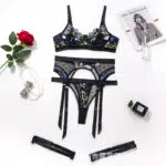 Floral Embroidered Bra & Garter Set with Cutout Cup Over View