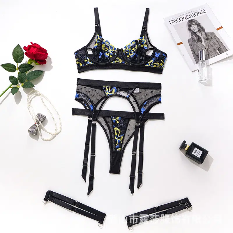 Floral Embroidered Bra & Garter Set with Cutout Cup Over View