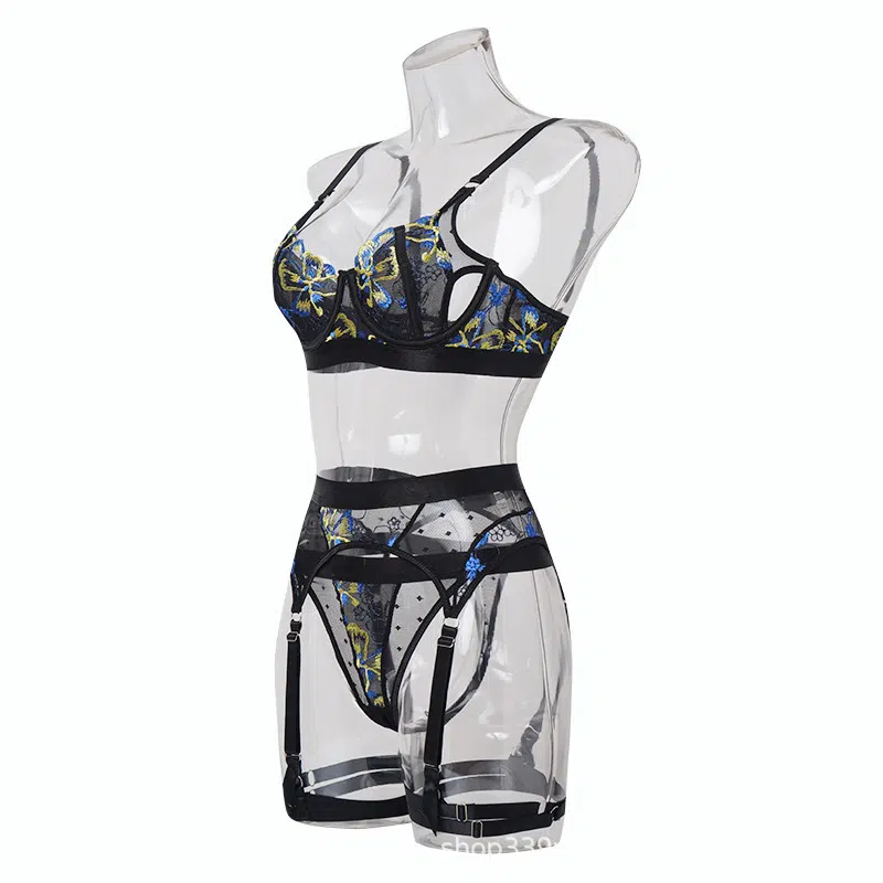 Floral Embroidered Bra & Garter Set with Cutout Cup Side Show