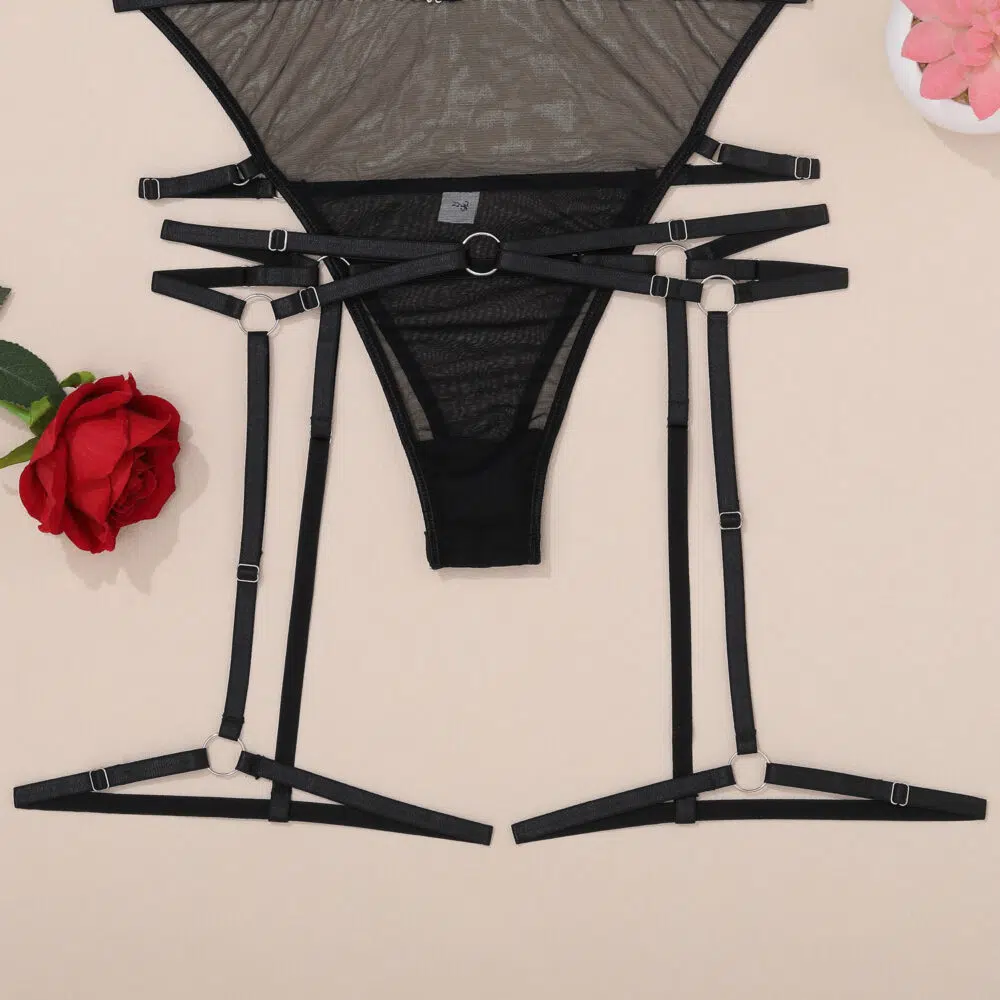 Macacão Sexy Confortável Transparente com Sutiã e Calcinha Extra Harness - Detalhes de Lingerie de Atacado