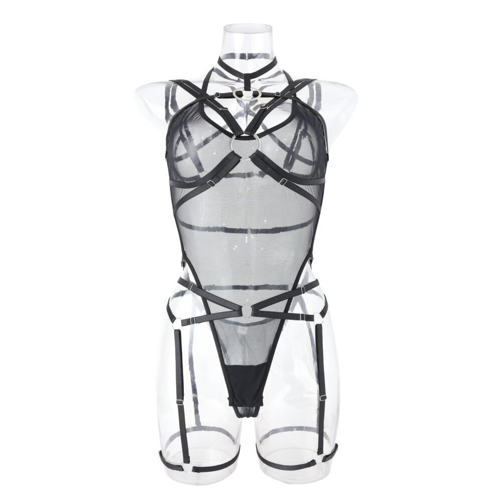 Läpinäkyvä mukava ja seksikäs haalari, jossa on lisävaljaat rintaliivit ja pikkuhousut - Alusvaatteiden tukkumyynti Fornt View