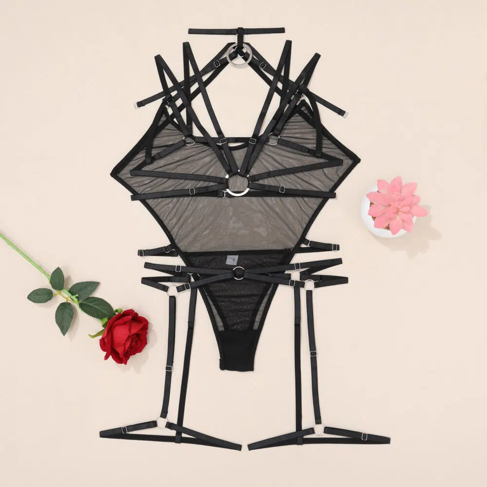 Macacão Sexy Confortável Transparente com Sutiã e Calcinha Extra Harness