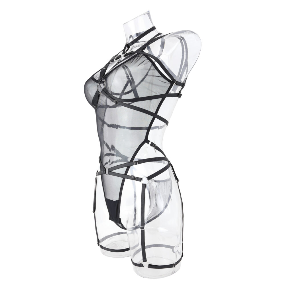 Läpinäkyvä ja mukava seksikäs haalari, jossa on lisävaljaat rintaliivit ja pikkuhousut - tukku-alusvaatteita sivulta