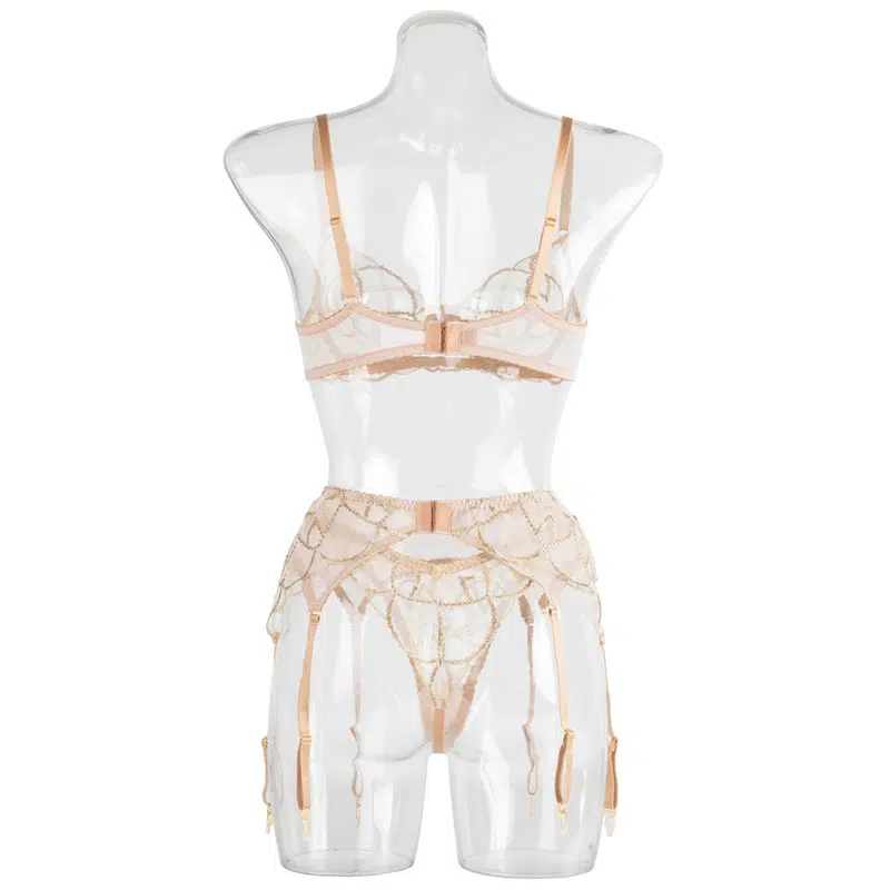Sheer Mesh Beige Bra Set of 3 with Embroidered Detailing Back Details Sheer Mesh Beige Bra Set of 3 with Embroidered Detailing Back Details