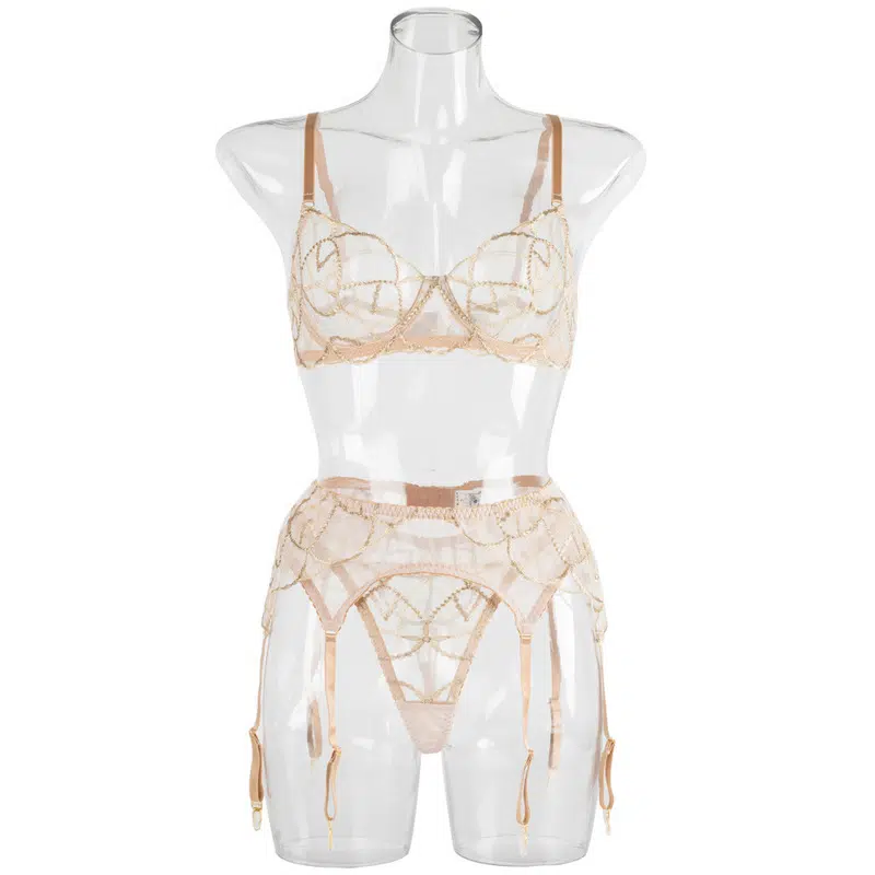 Sheer Mesh Beige Bra Set of 3 with Embroidered Detailing Front Details Sheer Mesh Beige Bra Set of 3 with Embroidered Detailing Front Details