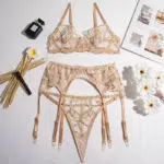 Sheer Mesh Beige Bra Set of 3 with Embroidered Detailing Over View Sheer Mesh Beige Bra Set of 3 with Embroidered Detailing Over View
