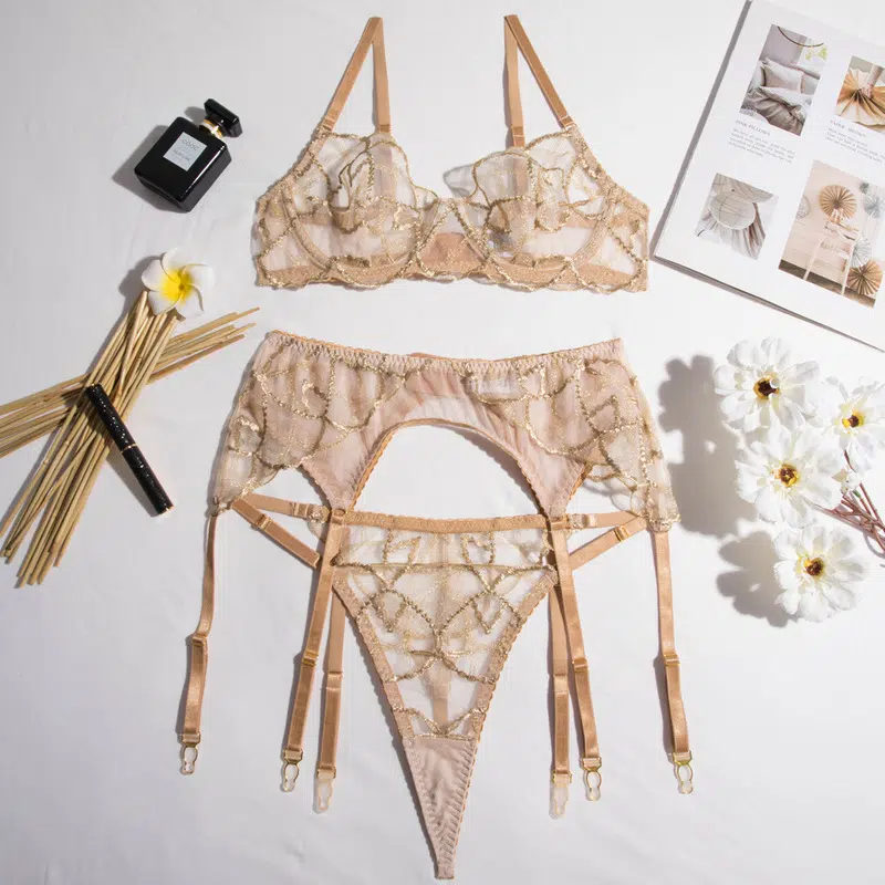 Sheer Mesh Beige Bra Set of 3 with Embroidered Detailing Over View Sheer Mesh Beige Bra Set of 3 with Embroidered Detailing Over View