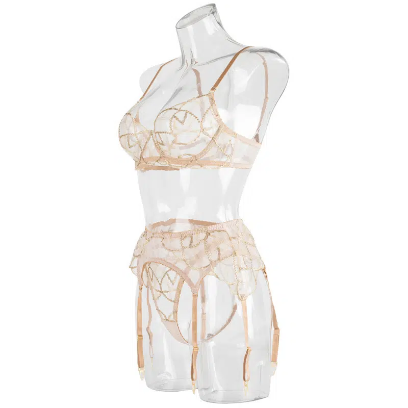 Sheer Mesh Beige Bra Set of 3 with Embroidered Detailing Side Details Sheer Mesh Beige Bra Set of 3 with Embroidered Detailing Side Details
