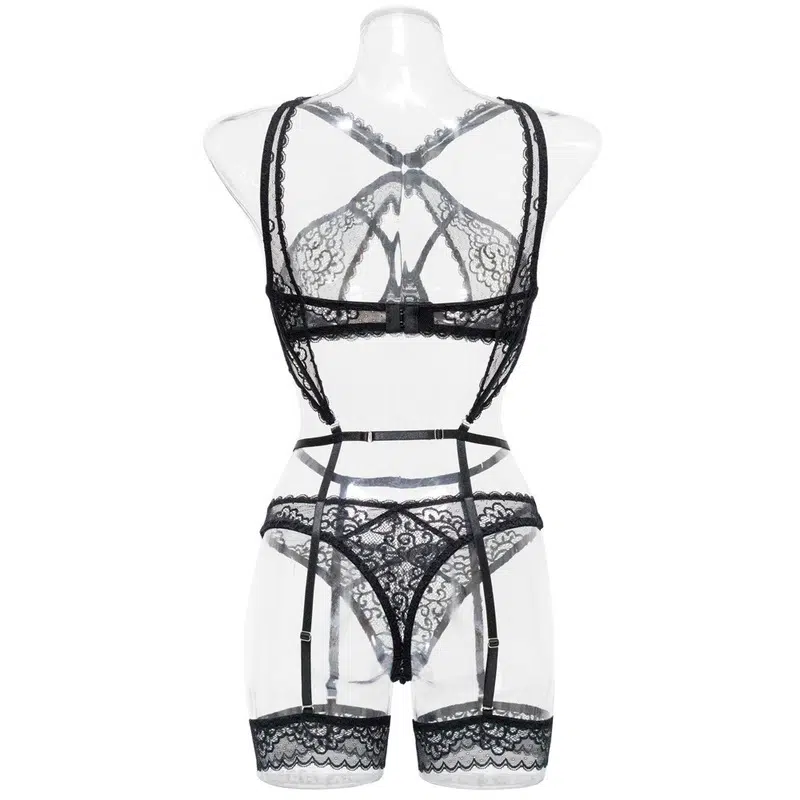Ensemble de soutien-gorge en dentelle noire avec dos nu croisé Vue de dos