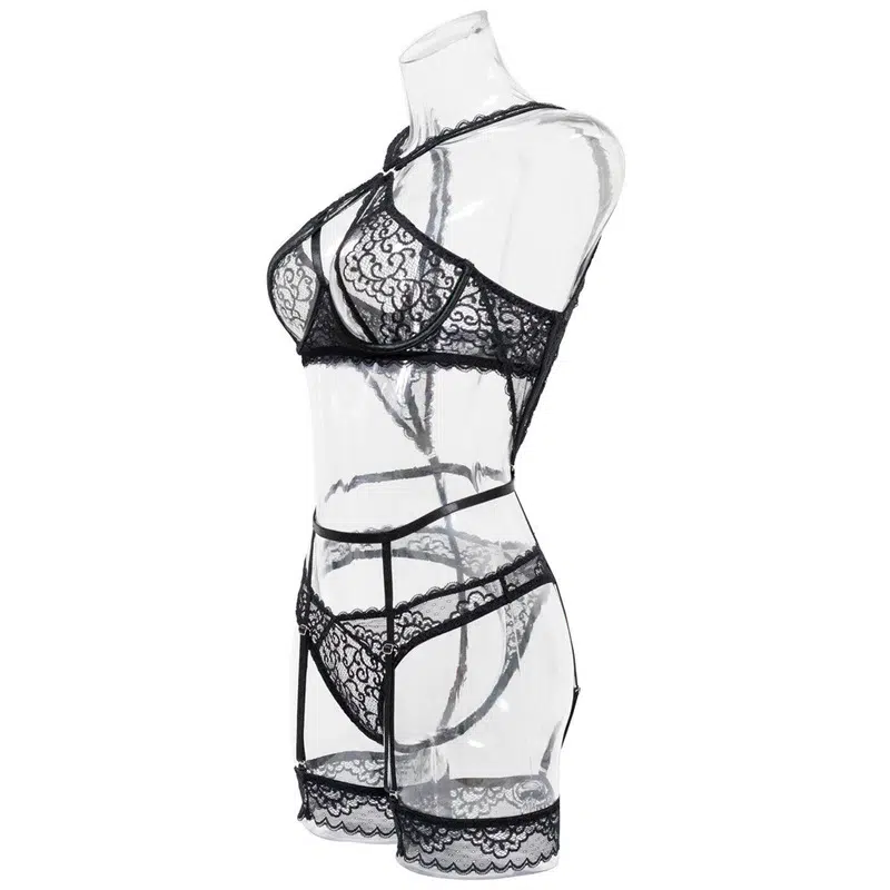 Ensemble de soutien-gorge en dentelle noire avec dos nu croisé Vue de côté