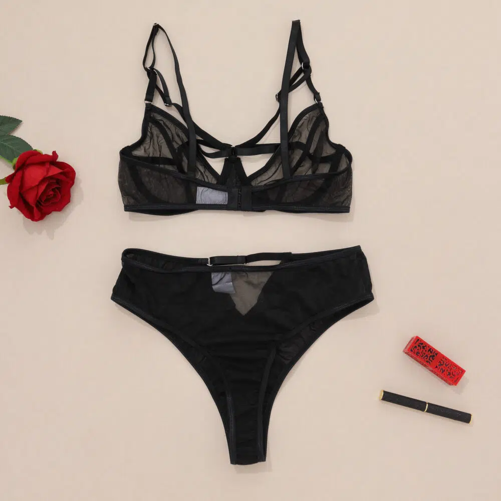 Chic Sexy Lingerie Mesh Bra Set with Cross Hollow Panty - Wholesale Lingerie Back Over View Chic Sexig Underkläder Mesh BH Set med Cross Hollow Trosa - Partihandel Underkläder tillbaka översikt