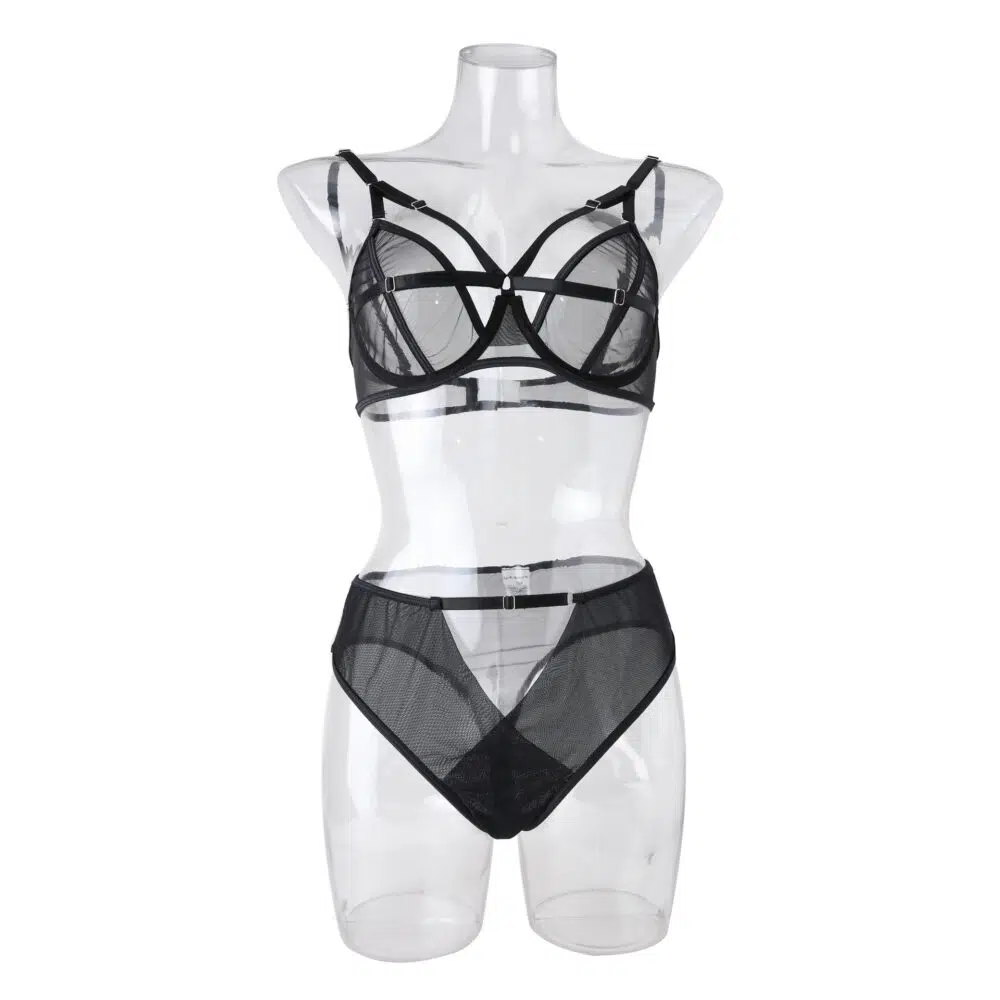 Chic Sexy Lingerie Mesh Bra Set with Cross Hollow Panty - Wholesale Lingerie Model Front View Chic Sexig Underkläder Mesh BH Set med Cross Hollow Trosa - Partihandel Underkläder Modell Framifrån