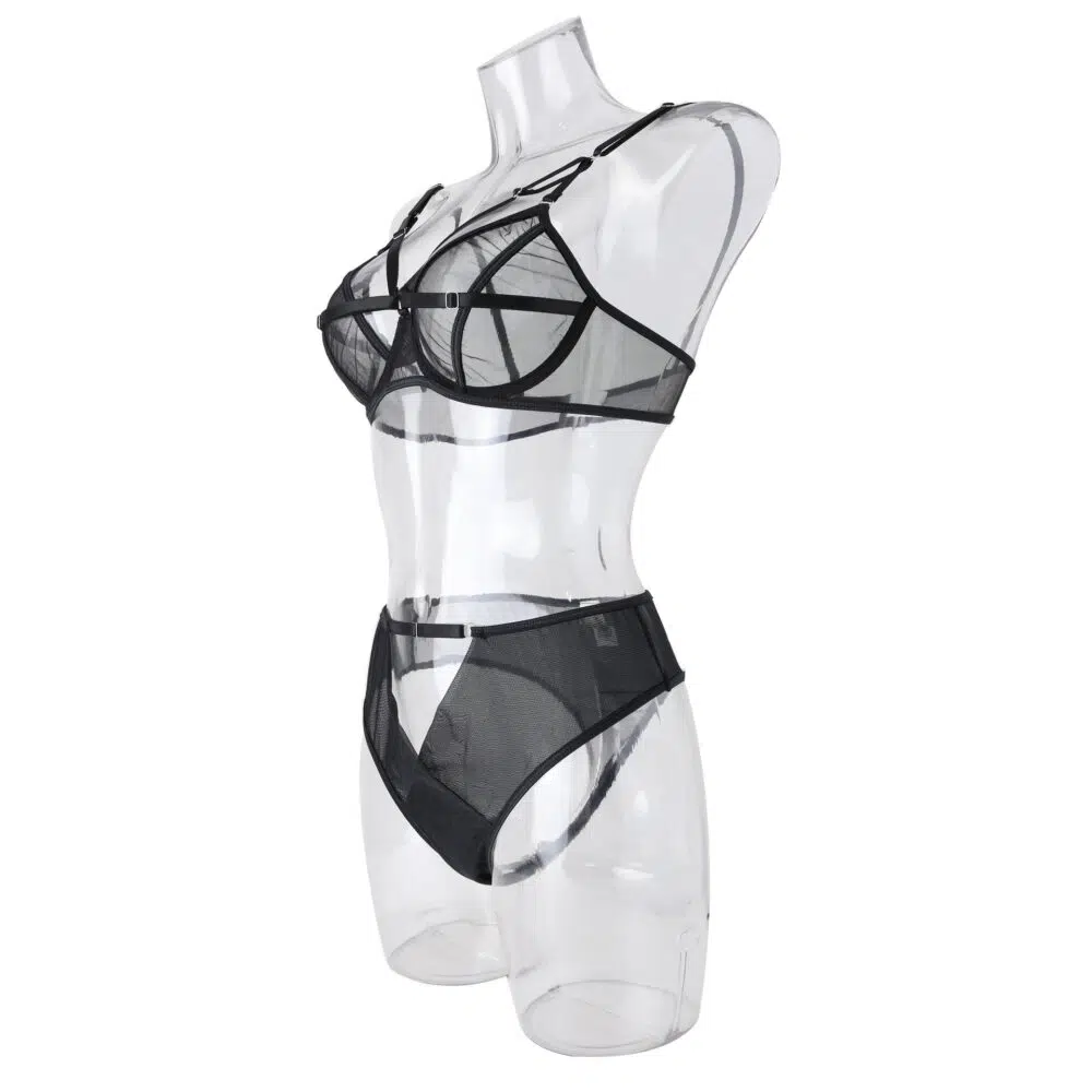 Chic Sexy Lingerie Mesh Bra Set with Cross Hollow Panty - Wholesale Lingerie Side View Chic Sexig Underkläder Mesh BH Set med Cross Hollow Trosa - Partihandel Underkläder Sidovy