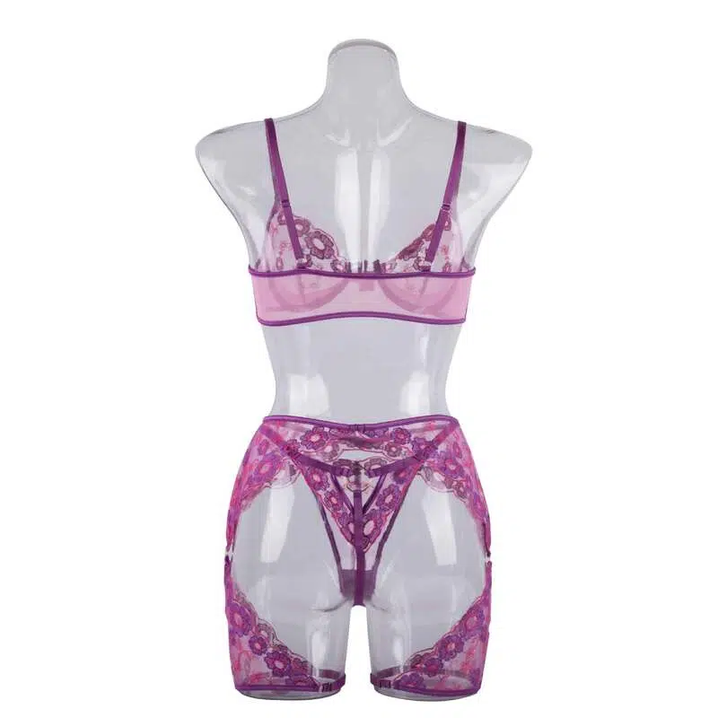 Sexy transparentes dreiteiliges Unterwäsche-Set mit abnehmbarem BH vorne – Großhandel für Dessous auf der Rückseite