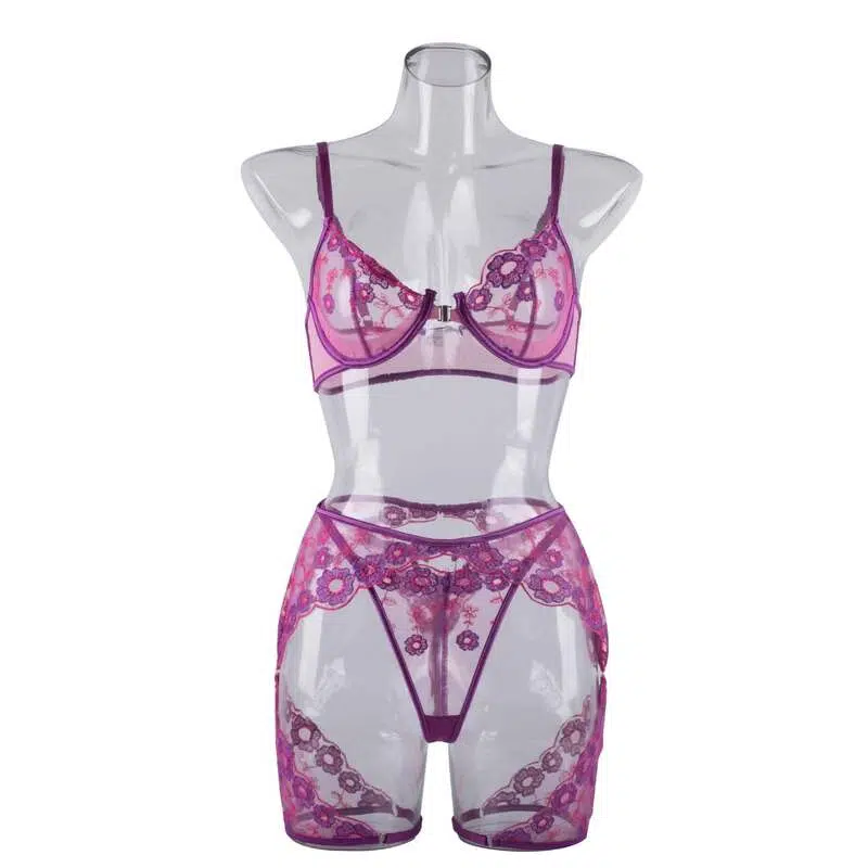 Sexy transparentes dreiteiliges Unterwäsche-Set mit abnehmbarem BH vorne – Großhandel für Dessous-Frontshow