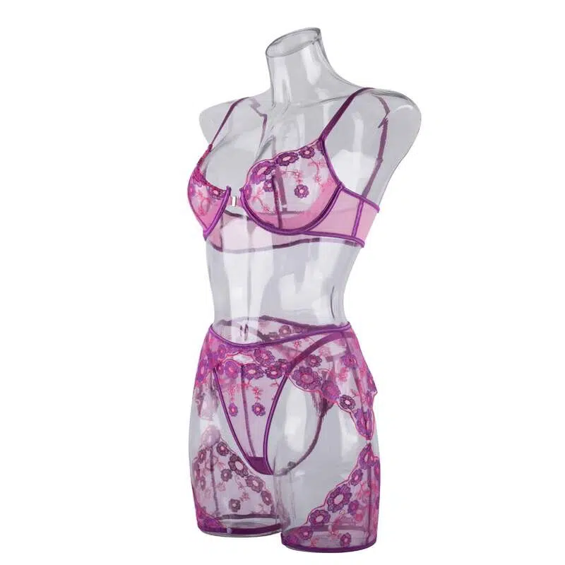 Sexy transparentes dreiteiliges Unterwäsche-Set mit abnehmbarem BH vorne – Großhandel für Dessous-Seitenshow