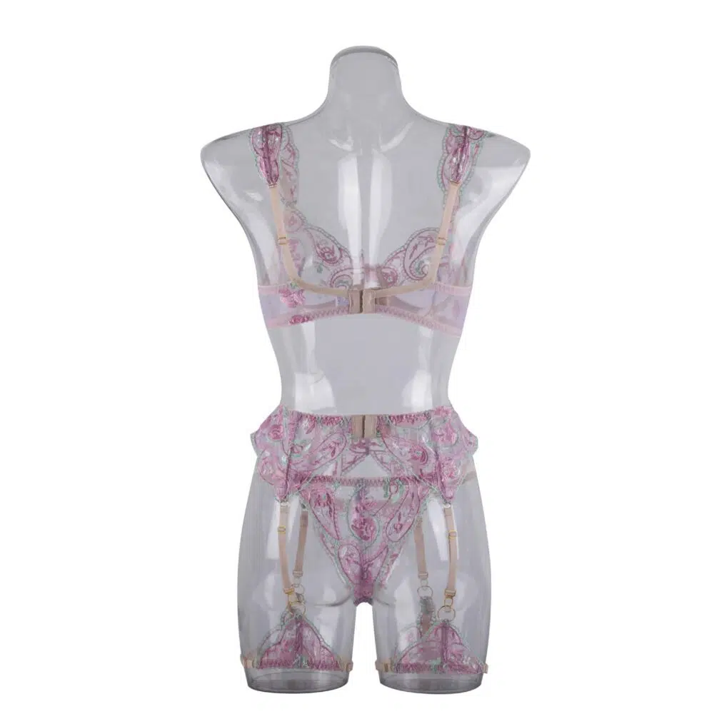Sheer Mesh Sexig Underkläder BH Set med broderade blommor Back Show