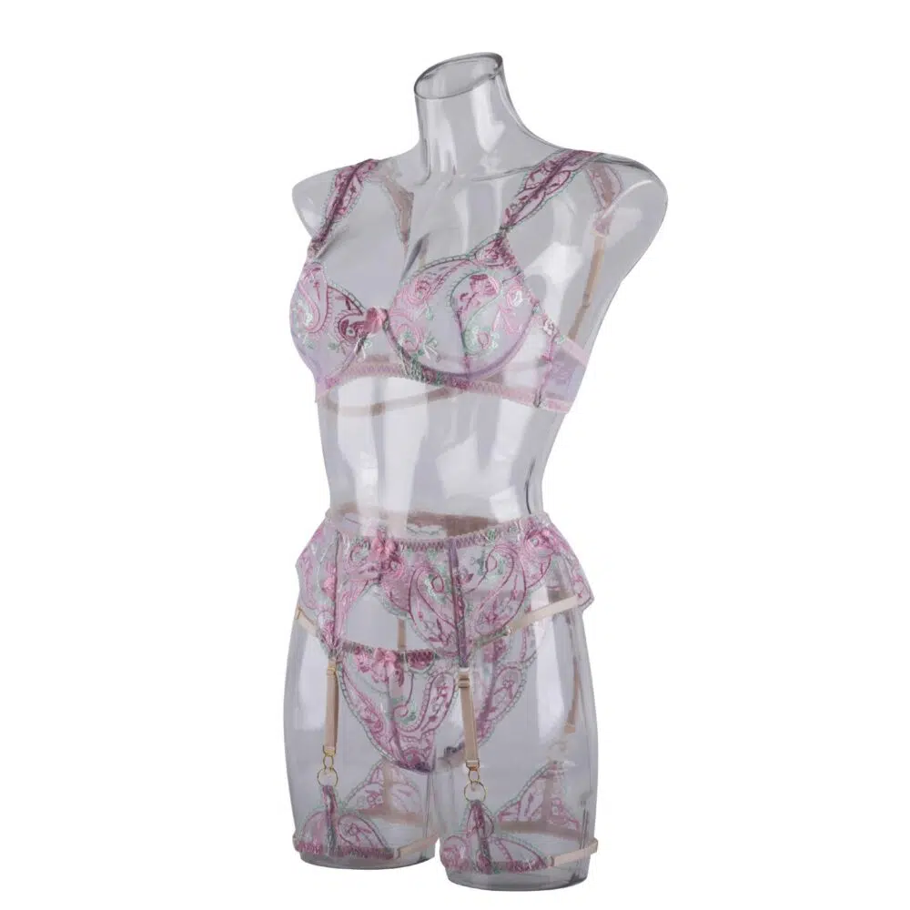 Sheer Mesh Sexig Underkläder BH Set med broderade blommor Sidev Show