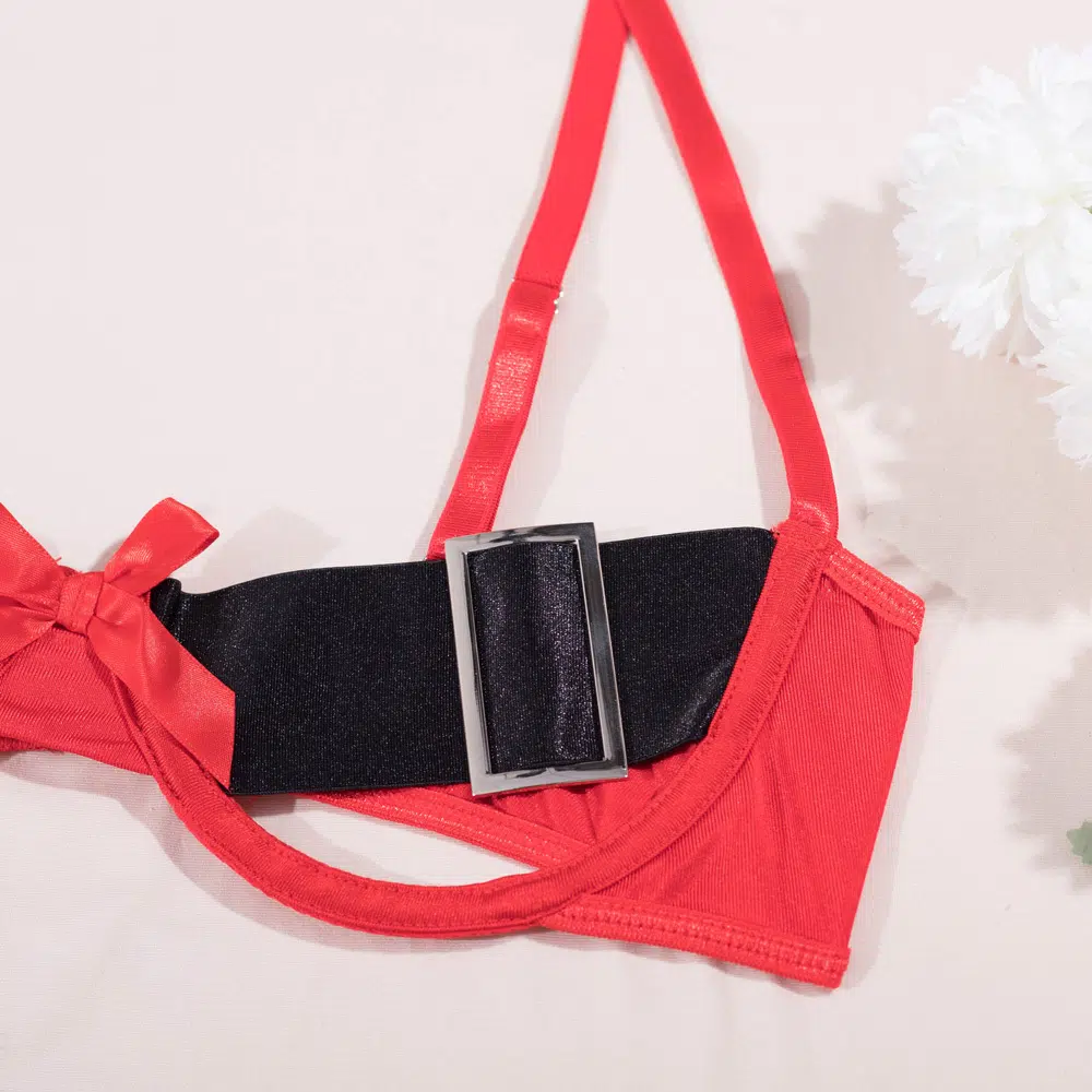 Stunning Christmas Cutout Bra Set with Bows and Wide Belt Bra Details Impressionante conjunto de sutiã de Natal com laços e detalhes de sutiã de cinto largo