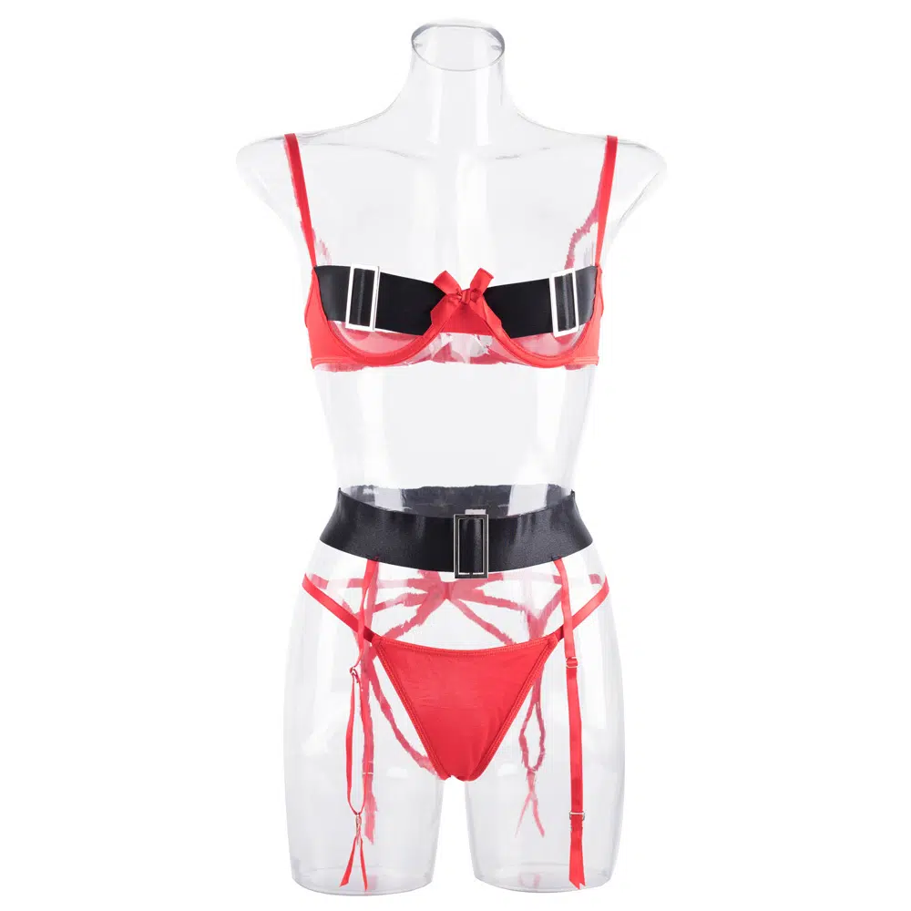 Stunning Christmas Cutout Bra Set with Bows and Wide Belt Front Details Impressionante conjunto de sutiã de Natal com laços e detalhes frontais de cinto largo