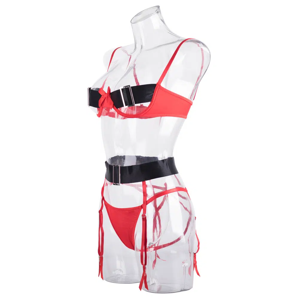 Stunning Christmas Cutout Bra Set with Bows and Wide Belt Side View Impressionante conjunto de sutiã de Natal com laços e vista lateral para cinto largo