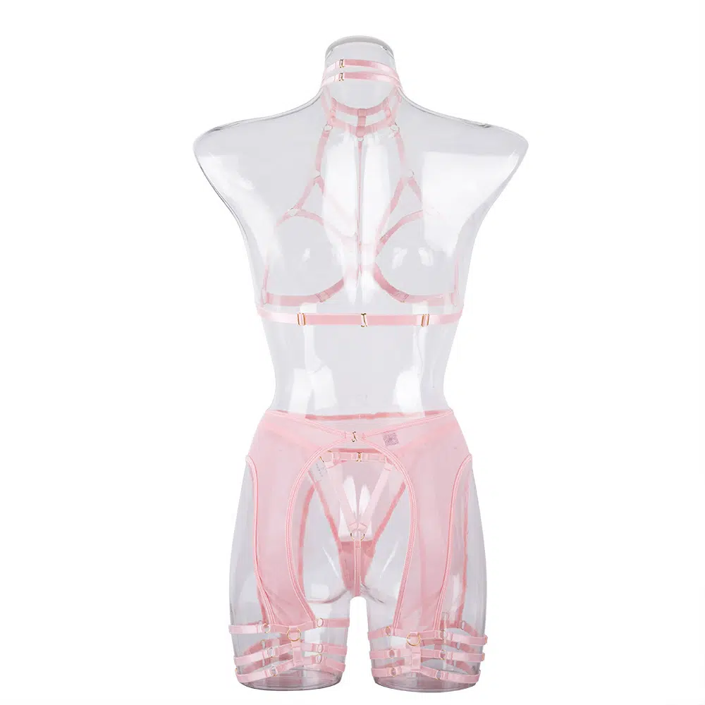 Conjunto de lencería con sujetador hueco sensual en rosa claro: Vista posterior