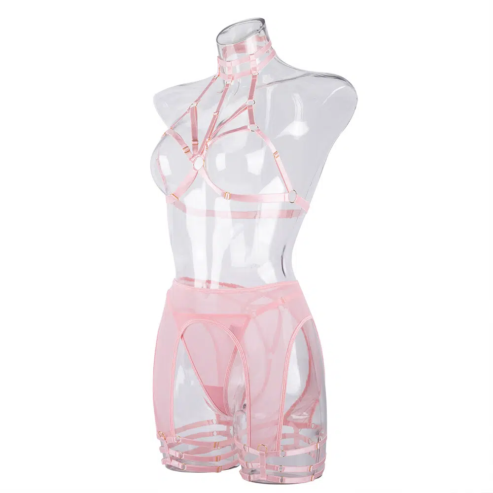 Conjunto de lencería con sujetador hueco sensual en rosa claro: vista lateral