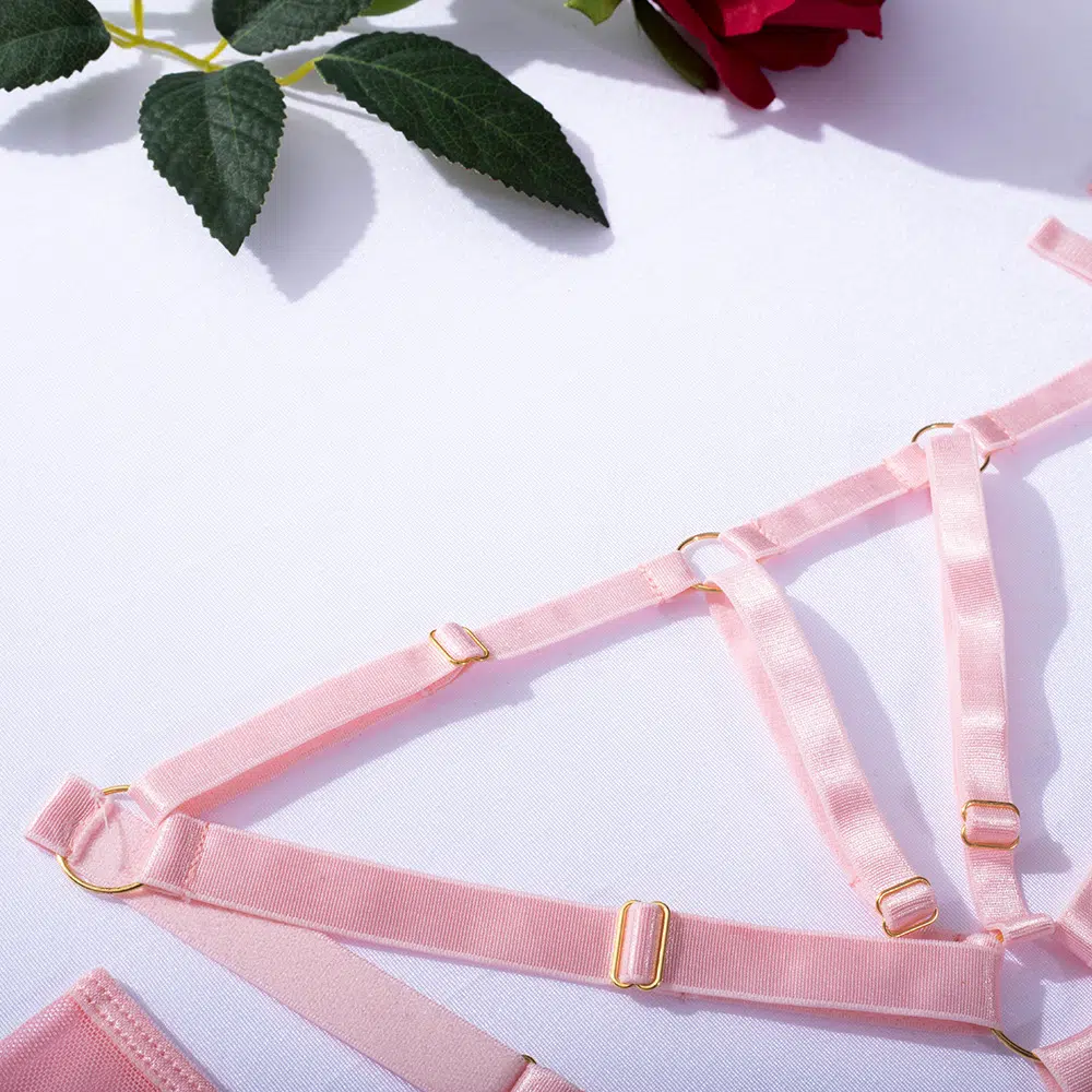 Conjunto de lencería con sujetador hueco sensual con detalles de tiras en rosa claro