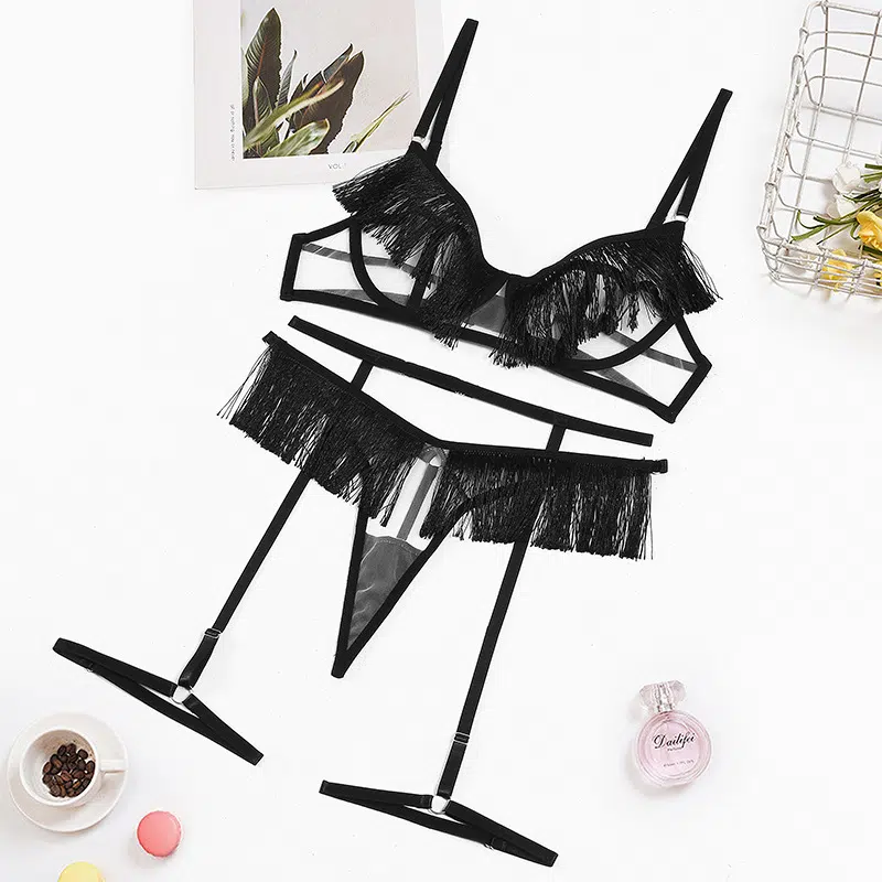 Wholesale Elegant See-Through Mesh Garter Bra Set with Sexy Tasse Over View Engros Elegant Se-Through Mesh Strømpebånd BH Sæt med sexet Tasse Over View