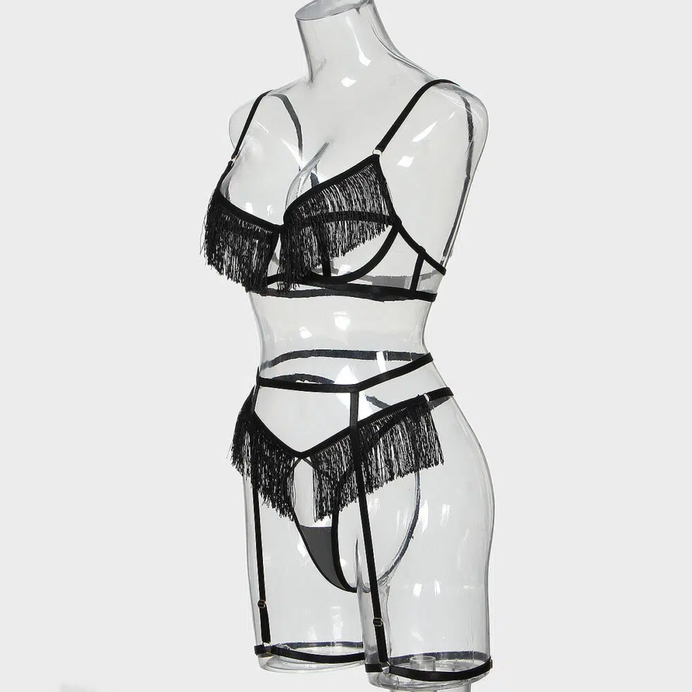 Wholesale Elegant See-Through Mesh Garter Bra Set with Sexy Tasse Side View Engros Elegant gennemsigtig mesh strømpebånd BH-sæt med sexet Tasse fra siden
