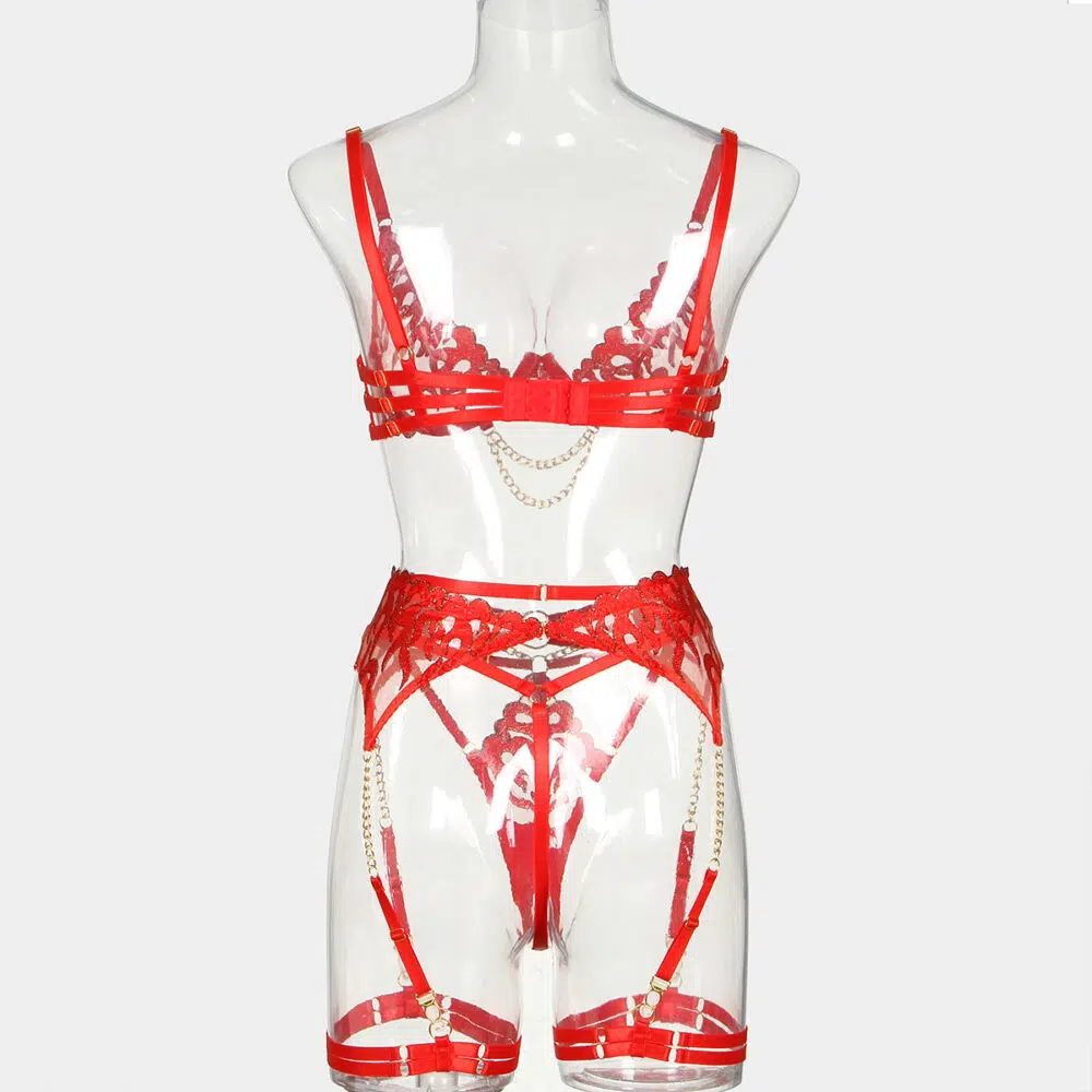 Wholesale Flame Embroidery Sexy Lingerie Four-Piece Set with Chain Bra Back View Atacado chama bordado lingerie sexy conjunto de quatro peças com sutiã de corrente vista traseira