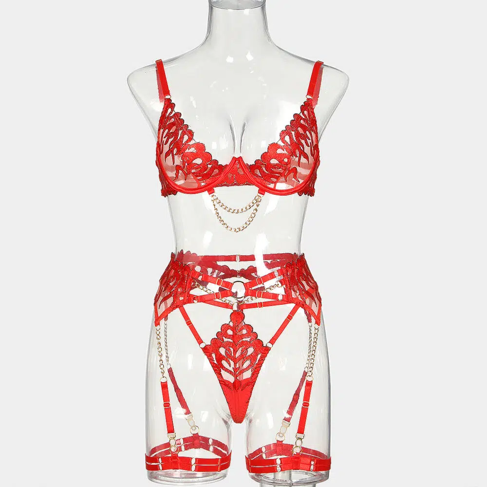 Wholesale Flame Embroidery Sexy Lingerie Four-Piece Set with Chain Bra Front View Atacado chama bordado lingerie sexy conjunto de quatro peças com sutiã de corrente vista frontal