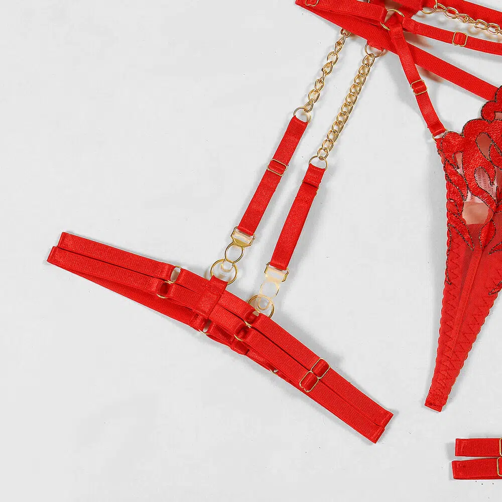 Wholesale Flame Embroidery Sexy Lingerie Four-Piece Set with Chain Bra Leg Ring Details Conjunto de quatro peças de lingerie sexy com bordado de chama por atacado com detalhes de anel de perna de sutiã de corrente