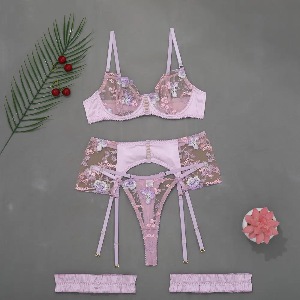 Conjunto de lencería sexy para mujer, nuevo estilo, venta al por mayor, con bordado floral, vista general