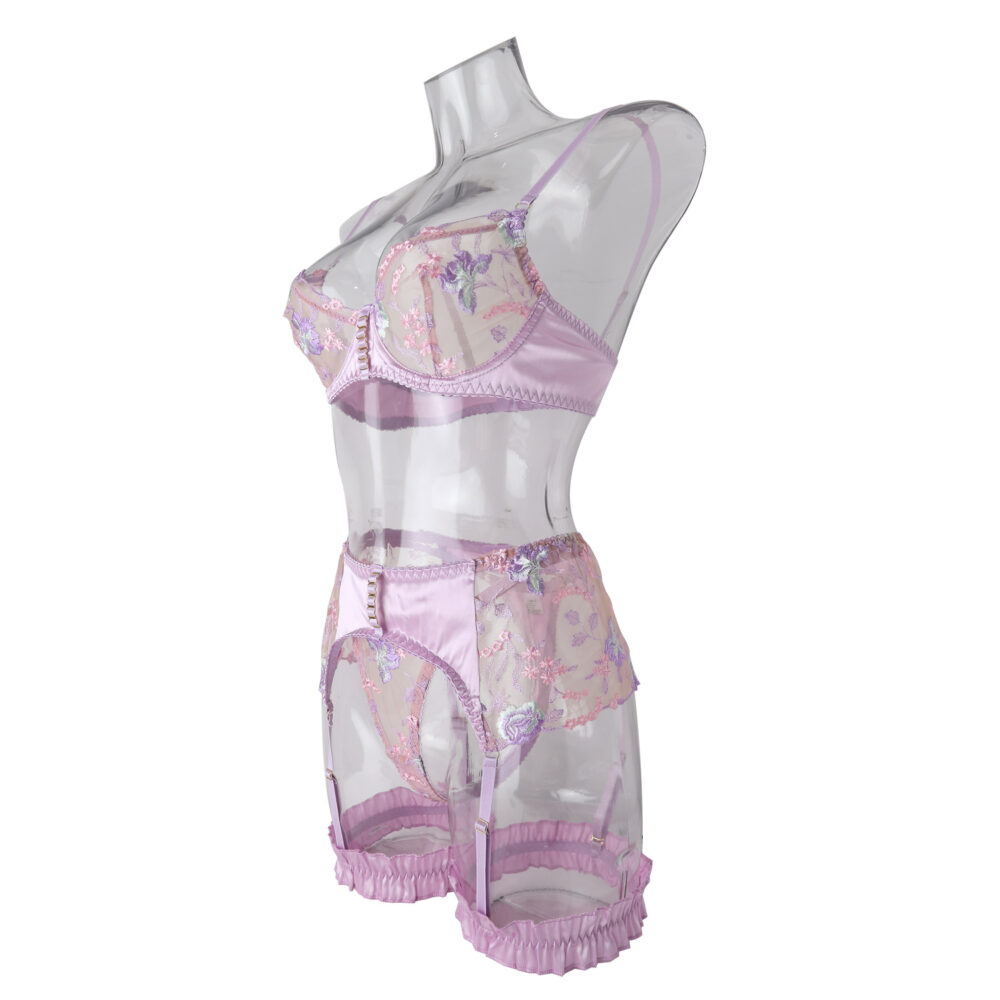 Wholesale New Style Sexy Lingerie Women's Set with Floral Embroidery Side View Оптовый комплект сексуального женского белья нового стиля с цветочной вышивкой сбоку