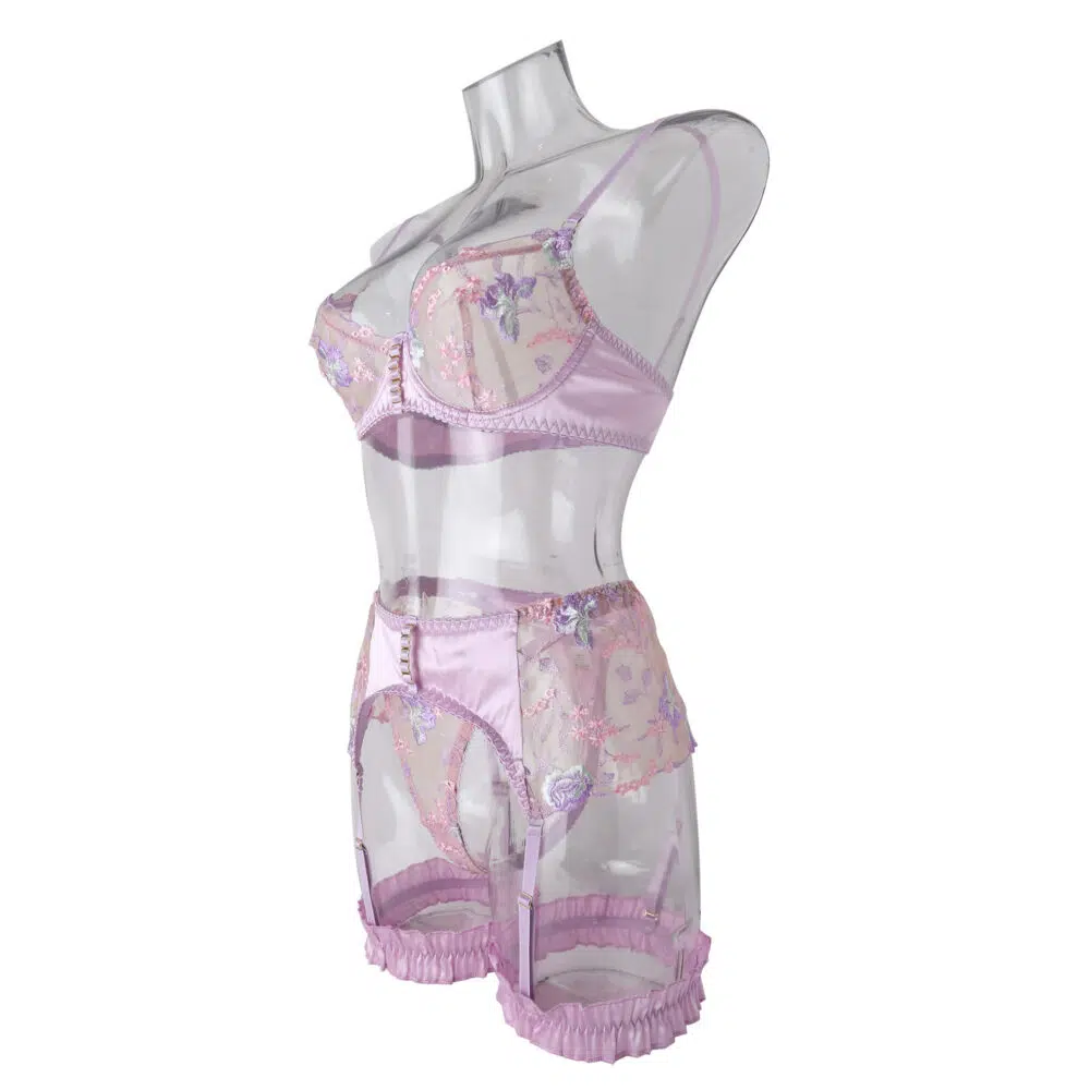 Conjunto de mujeres al por mayor de lencería sexy de nuevo estilo con vista lateral de bordado floral