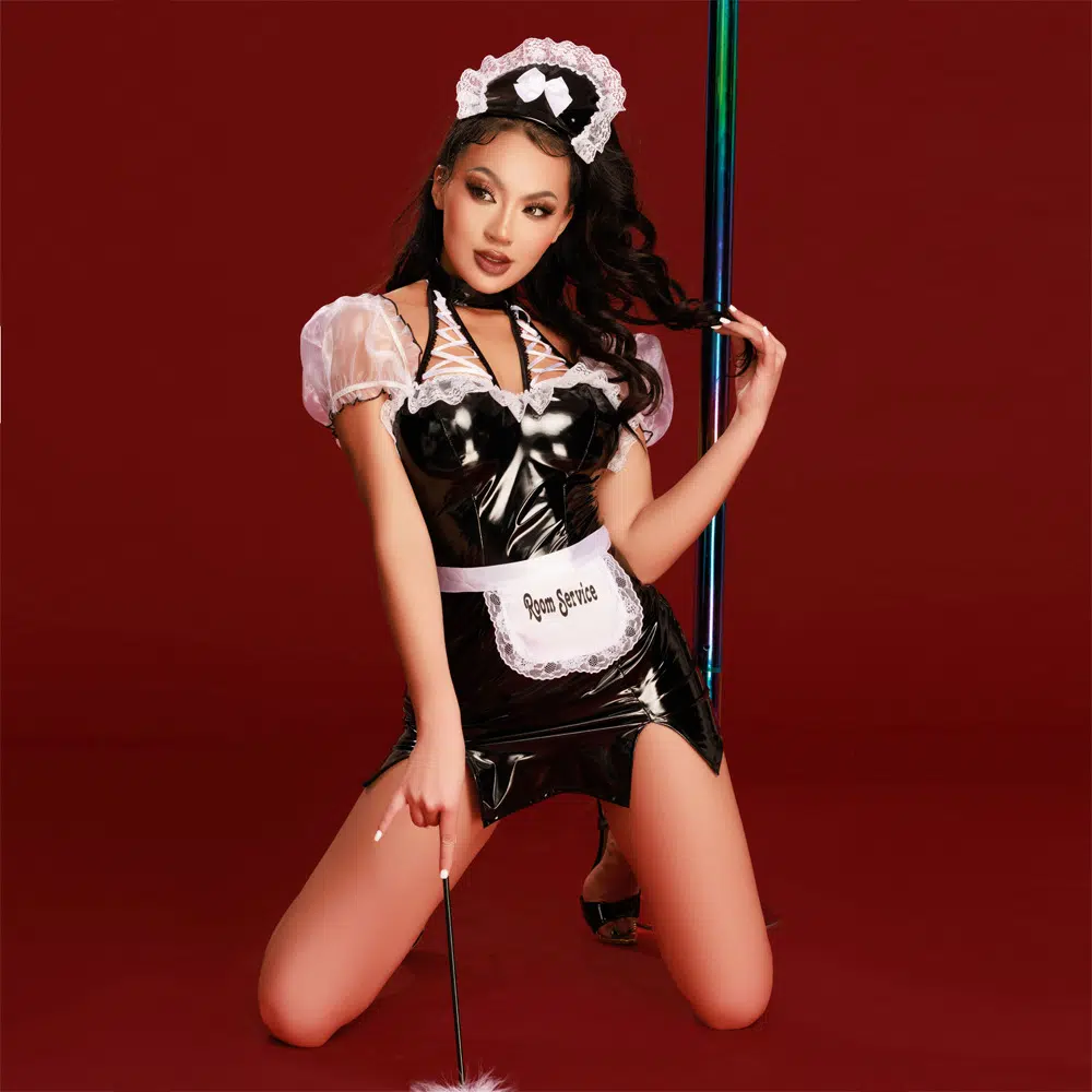 Wholesale Black PU Naughty French Maid Uniform Set Model Display
