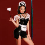 Wholesale Black PU Naughty French Maid Uniform Set Model Show Wholesale Black PU Naughty French Maid Uniform Set Model Show