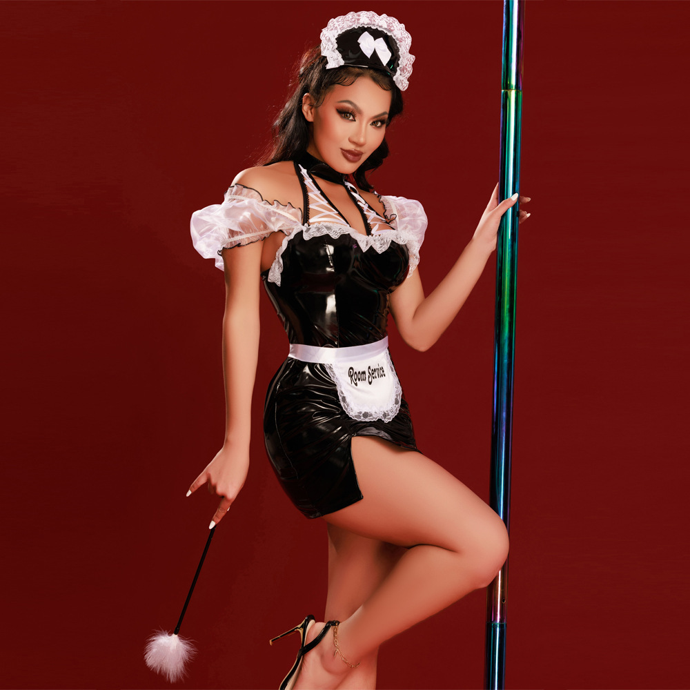 Wholesale Black PU Naughty French Maid Uniform Set Side View Wholesale Black PU Naughty French Maid Uniform Set Side View