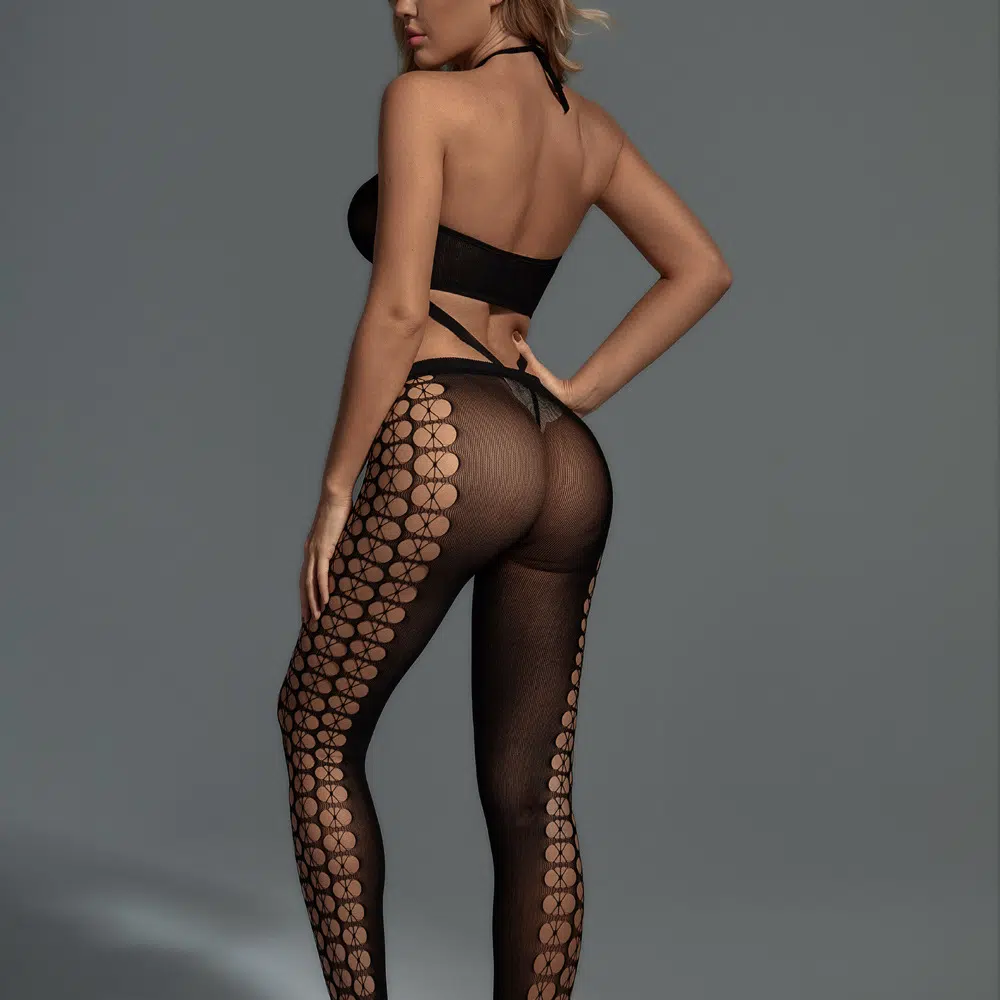 Wholesale Halter Bra Bodystocking Set with Hollow Honeycomb Design Back Show
