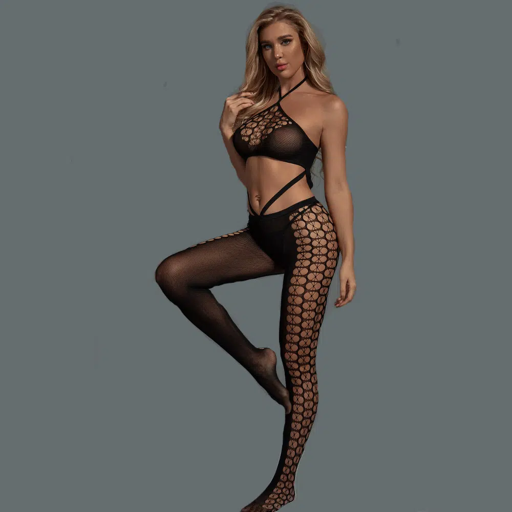 Wholesale Halter Bra Bodystocking Set with Hollow Honeycomb Design Side Display