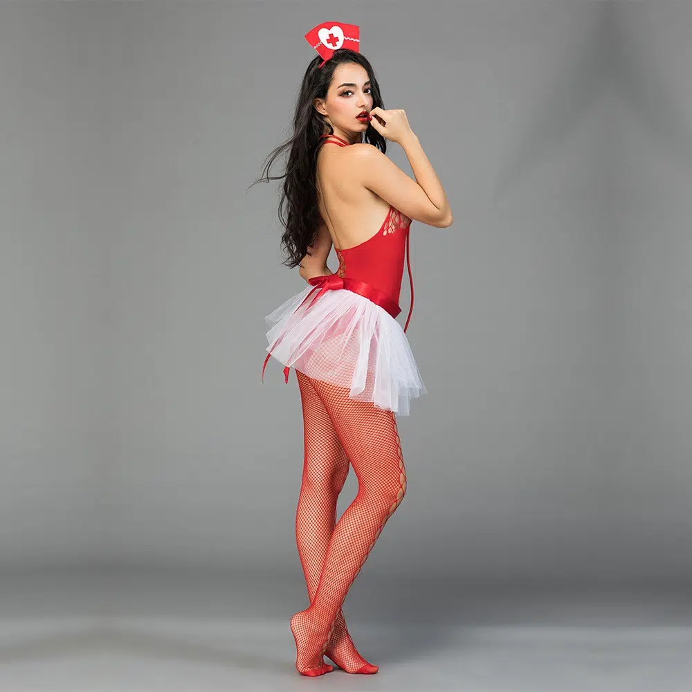 Grossist Red Nurse Cosplay Jumpsuit med Fishnet Side Show