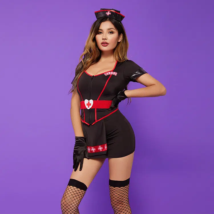 Wholesale Sexy Black Nurse Halloween Costume With Hip-Covering Skirt Set Model SIde Display Wholesale Sexy Black Nurse Halloween Costume With Hip-Covering Skirt Set Model SIde Display